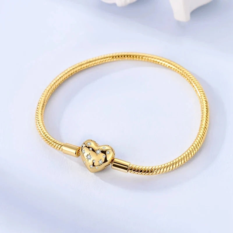 925 Sterling Silver Bracelets 17-20CM Original Golden Sparkling Heart Shaped Bracelet Fit DIY Charms Beads Fashion Women Jewelry mbzr