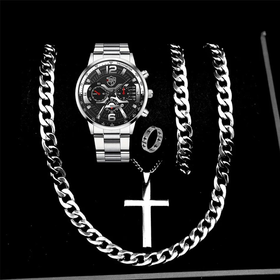 5PCS Set DEYROS Fashion Mens Calendar Watches Men Business Stainless Steel Quartz Wristwatch Male Casual Necklace Bracelet Watch mbzr