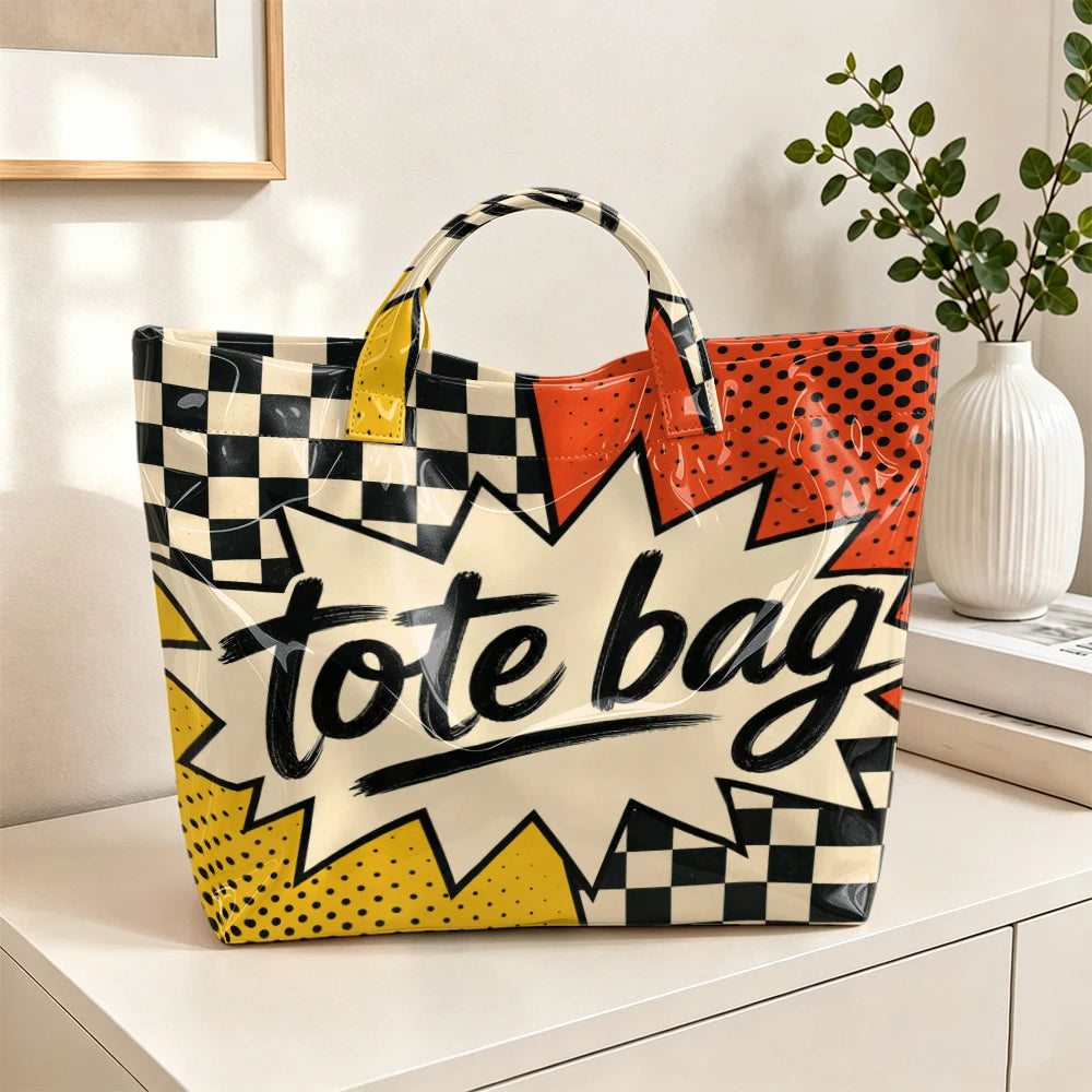 1pc pop cartoon Tote Bag printed tote bag large transparent PVC handbag black and white checkerboard+red dot background+cartoon explosion box+black brush mark letter design waterproof beach bag retro fun wild one-shoulder sho