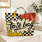 1pc pop cartoon Tote Bag printed tote bag large transparent PVC handbag black and white checkerboard+red dot background+cartoon explosion box+black brush mark letter design waterproof beach bag retro fun wild one-shoulder sho