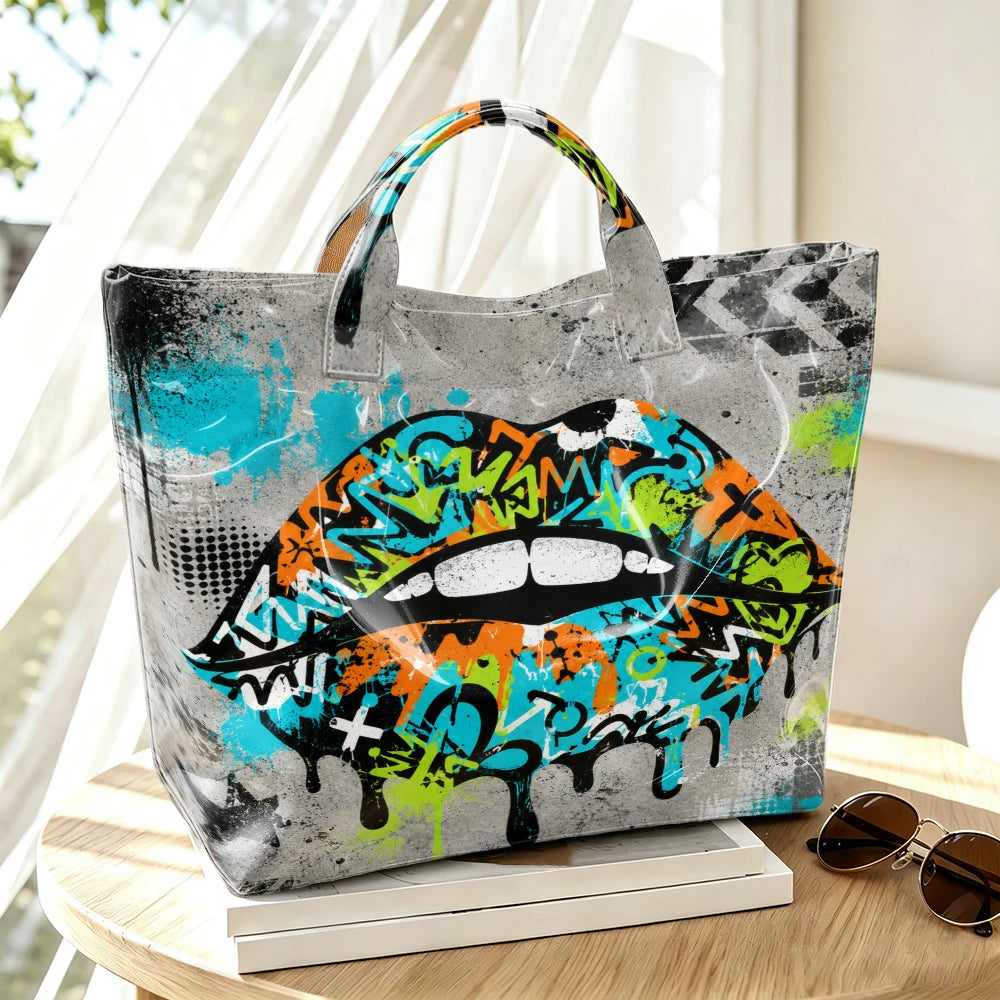 1 Piece of Green Orange Contrast Dripping Graffiti Red Lip Bright Tote Bag, Cement Gray Bottom Polka-Dot Splash American Hand Bag, Hip-Hop Street Large-Capacity Shoulder Bag, Trendy Street Girl Daily Shopping Travel Handbag.