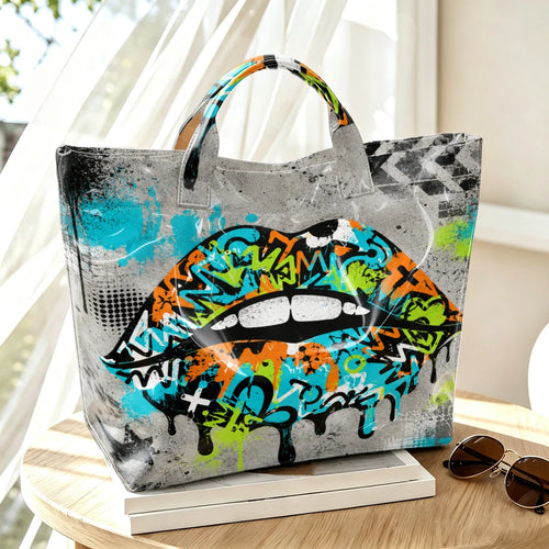 1 Piece of Green Orange Contrast Dripping Graffiti Red Lip Bright Tote Bag, Cement Gray Bottom Polka-Dot Splash American Hand Bag, Hip-Hop Street Large-Capacity Shoulder Bag, Trendy Street Girl Daily Shopping Travel Handbag.