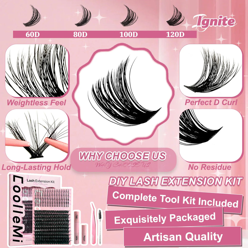 280PCS DIY Cluster Lashes Kit Ignite 80D | D Curl Fluffy Wispy Manga Lashes | Heat Bonded Fox Eye Individual Extensions with Bond and Seal | Long-Lasting Waterproof Home Makeup mbzr