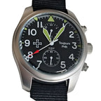 Toujours Pret Dual Time GMT Quartz Military Field Watch - Blasted Stainless Steel - Domed Crystal