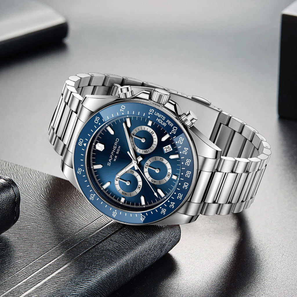 SAPPHERO Men Chronograph Watch Luxury Quartz Stainless Steel Blue Dial 50M Waterproof Mineral Glass Sport Business Wristwatch mbzr