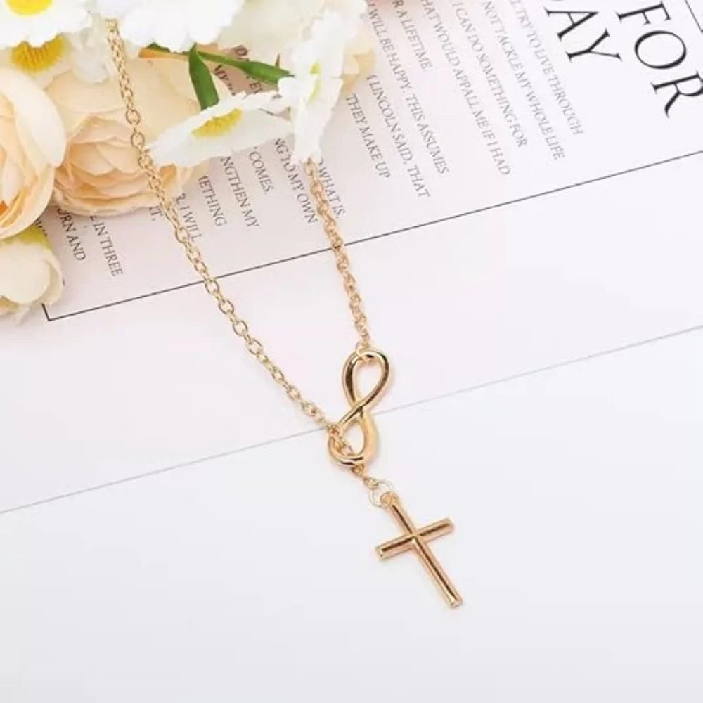 1Pcs Gold Plated Infinity Symbol & Cross Lariat Necklace, Dainty Y-Drop Chain Necklace for Women, Elegant Minimalist Statement Jewelry for Everyday Wear & Dating