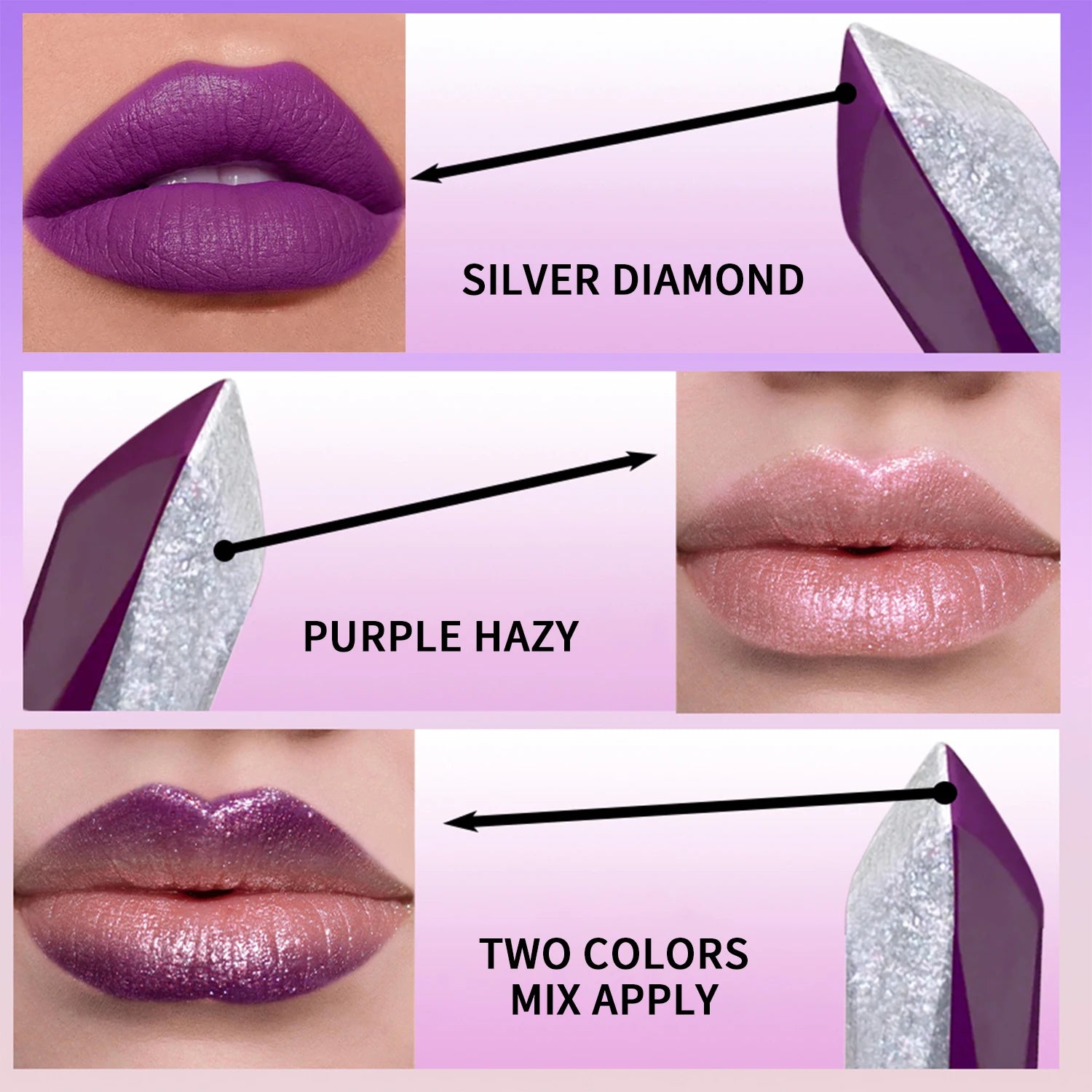 Two-Tone Gradient Mermaid Lipstick Shimmer Glitter Purple Lipstick Long Lasting Hydrating Lip Balm Unique Diamond Cut Design mbzr