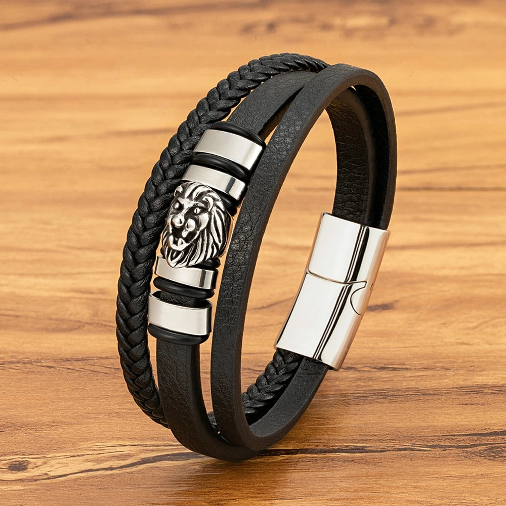 TYO Animal Magnetism Lion Woven Multi-Layer Genuine Leather 3 Colors Stainless Steel Magnet Buckle Bracelet