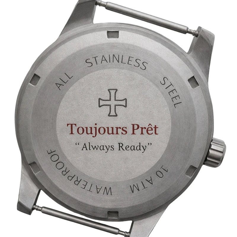 Toujours Pret Dual Time GMT Quartz Military Field Watch - Blasted Stainless Steel - Domed Crystal