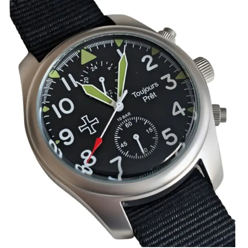 Toujours Pret Dual Time GMT Quartz Military Field Watch - Blasted Stainless Steel - Domed Crystal