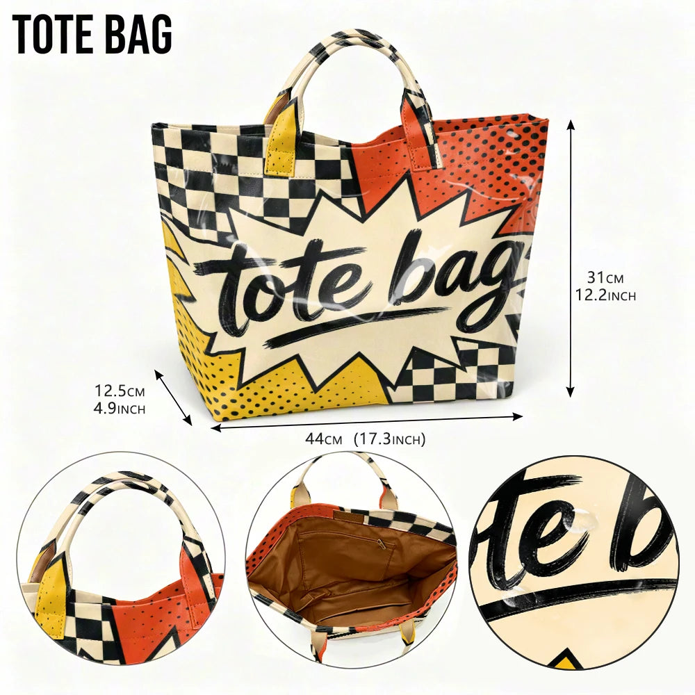 1pc pop cartoon Tote Bag printed tote bag large transparent PVC handbag black and white checkerboard+red dot background+cartoon explosion box+black brush mark letter design waterproof beach bag retro fun wild one-shoulder sho