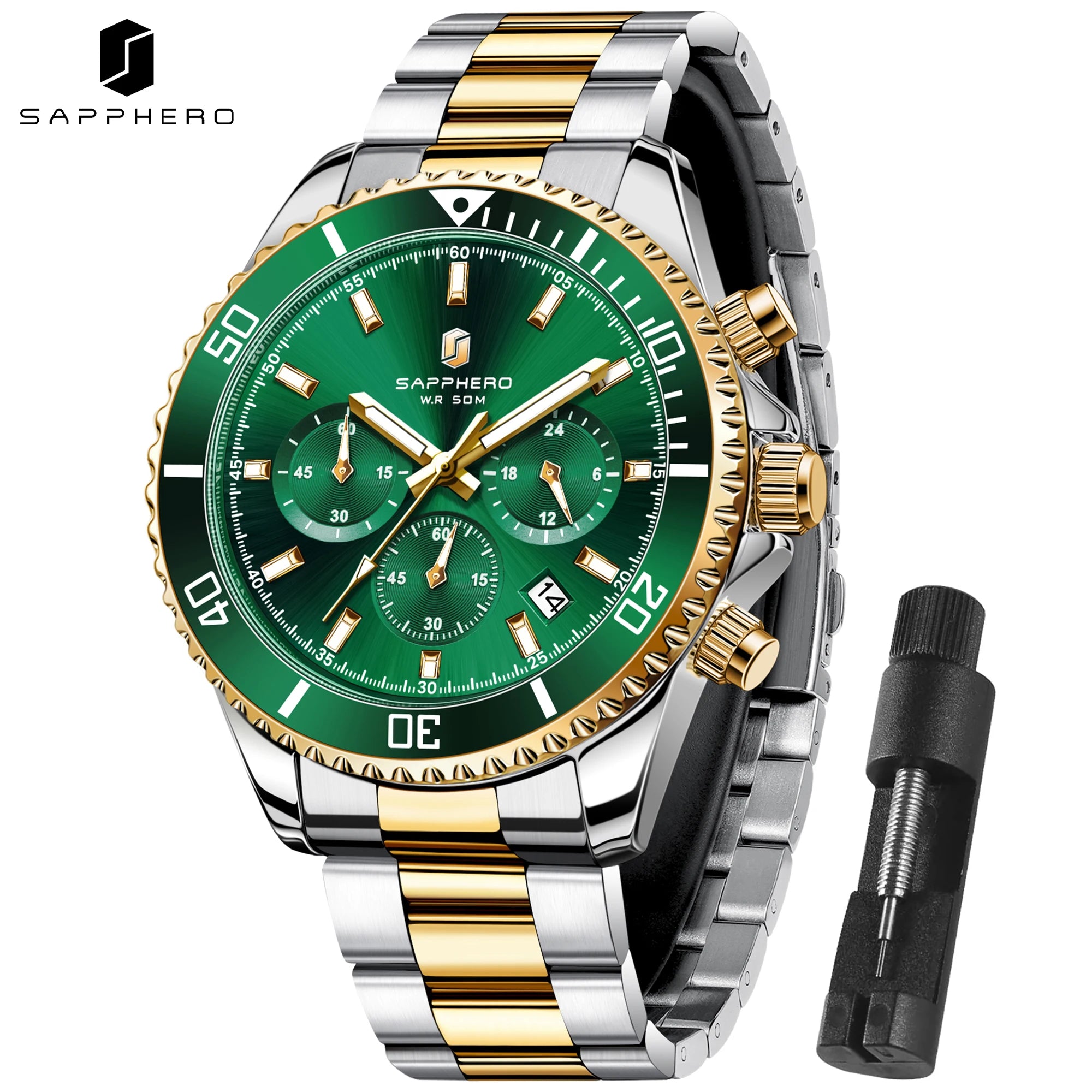 SAPPHERO Men’s Quartz Watch Luxury Chronograph Sport Wristwatch Stainless Steel Waterproof 50M Date Luminous Business Watch mbzr