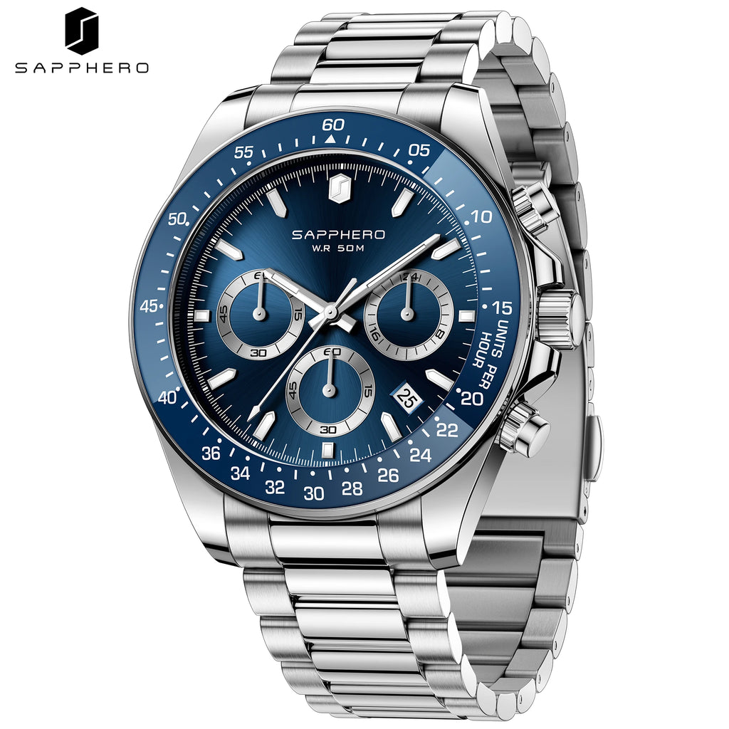 SAPPHERO Men Chronograph Watch Luxury Quartz Stainless Steel Blue Dial 50M Waterproof Mineral Glass Sport Business Wristwatch mbzr