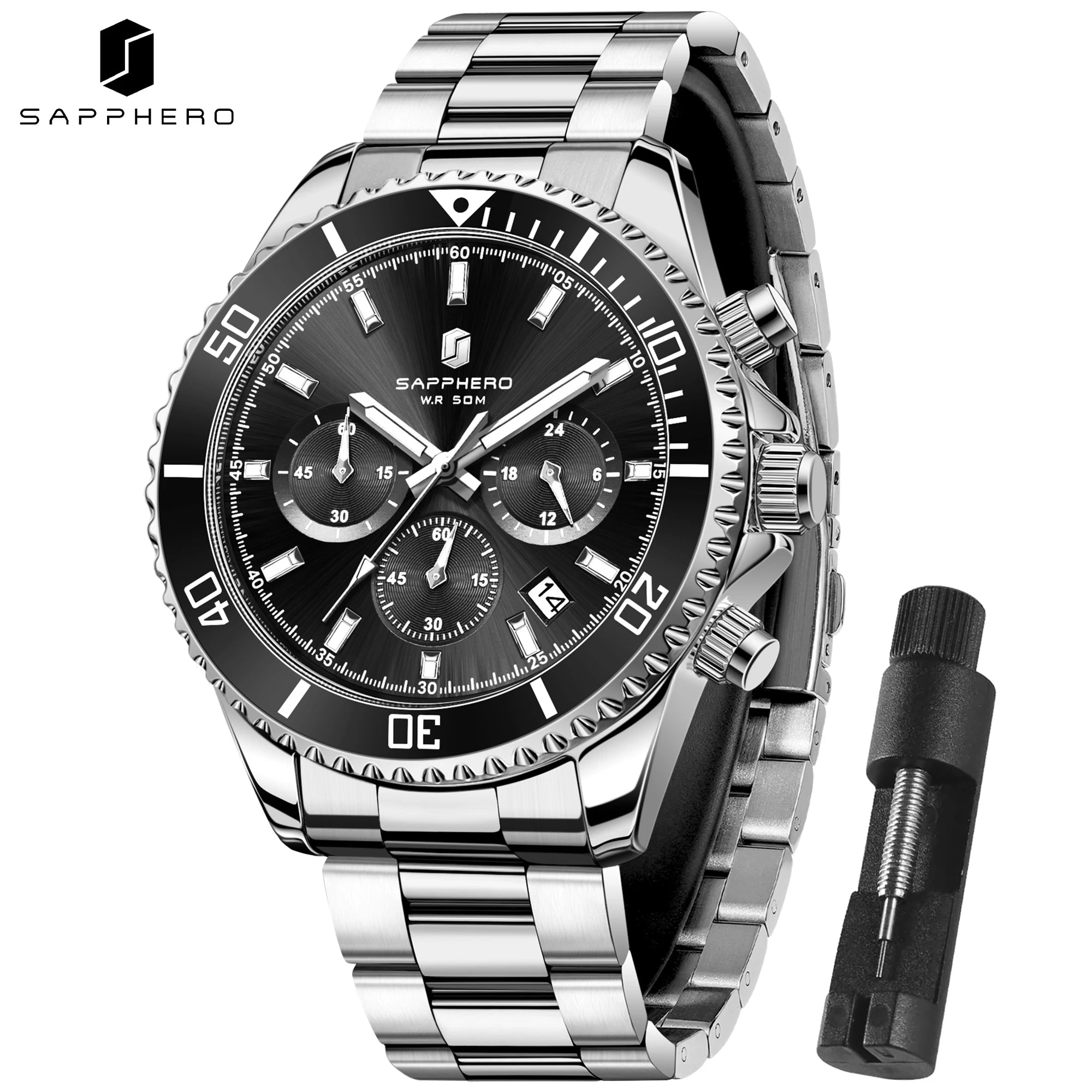 SAPPHERO Men’s Quartz Watch Luxury Chronograph Sport Wristwatch Stainless Steel Waterproof 50M Date Luminous Business Watch mbzr