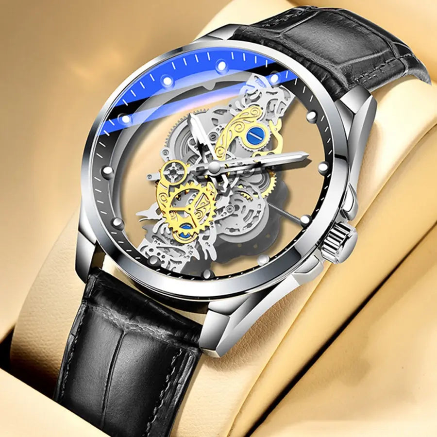 New Brand Fashion Men's Quartz Watch Skeleton Business Man wristwatch Leather strap luminous Quartz Watch for men mbzr
