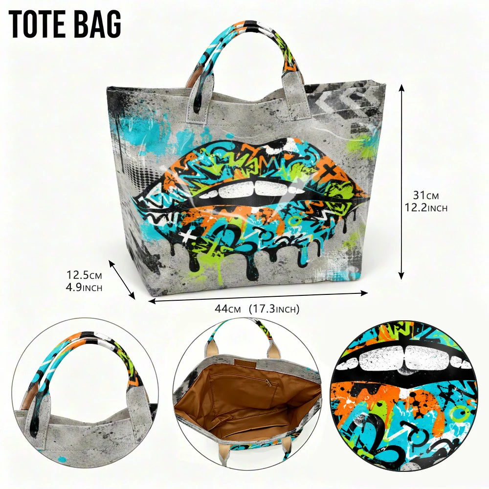 1 Piece of Green Orange Contrast Dripping Graffiti Red Lip Bright Tote Bag, Cement Gray Bottom Polka-Dot Splash American Hand Bag, Hip-Hop Street Large-Capacity Shoulder Bag, Trendy Street Girl Daily Shopping Travel Handbag.