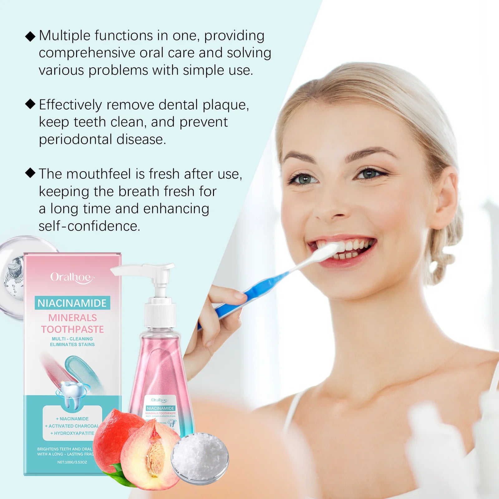 Oralhoe Niacinamide Press Pump Toothpaste Activated Charcoal Teeth Whitening Remove Stain Fresh Breath Oral Care Tooth Paste mbzr