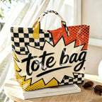 1pc pop cartoon Tote Bag printed tote bag large transparent PVC handbag black and white checkerboard+red dot background+cartoon explosion box+black brush mark letter design waterproof beach bag retro fun wild one-shoulder sho