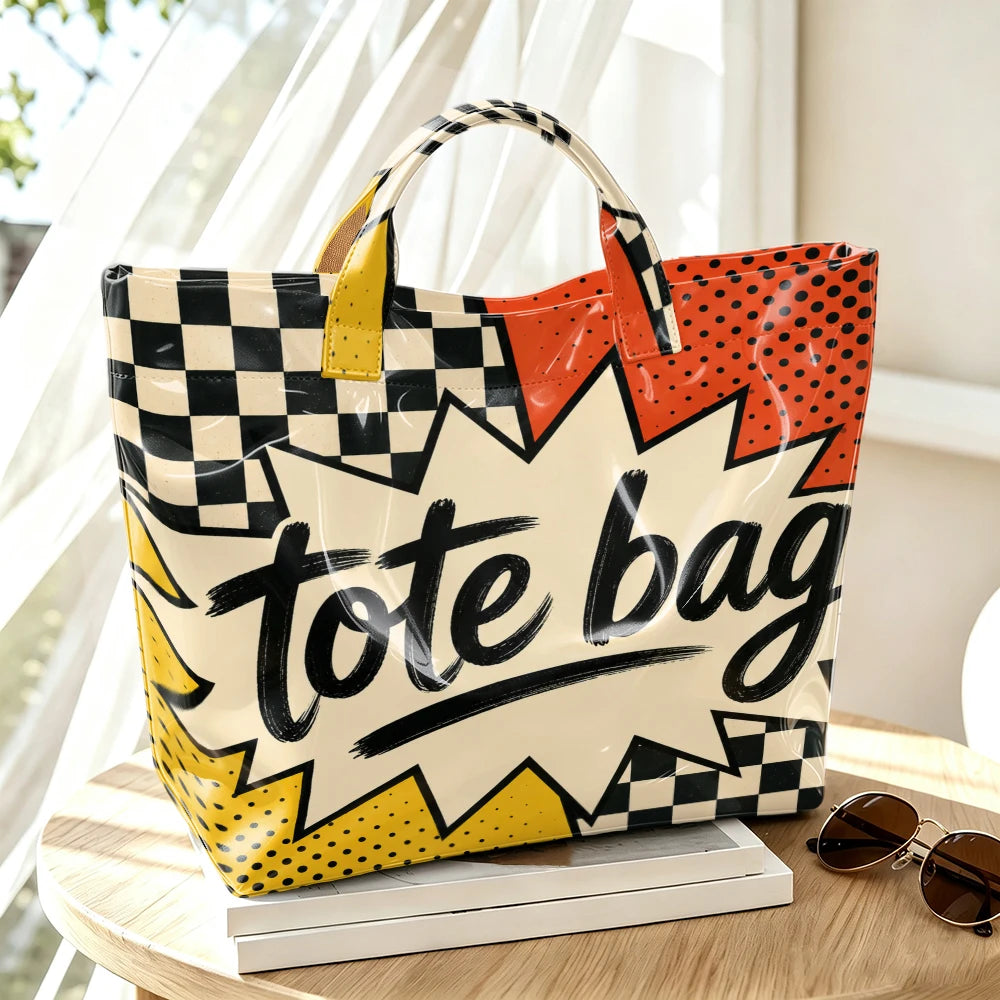 1pc pop cartoon Tote Bag printed tote bag large transparent PVC handbag black and white checkerboard+red dot background+cartoon explosion box+black brush mark letter design waterproof beach bag retro fun wild one-shoulder sho