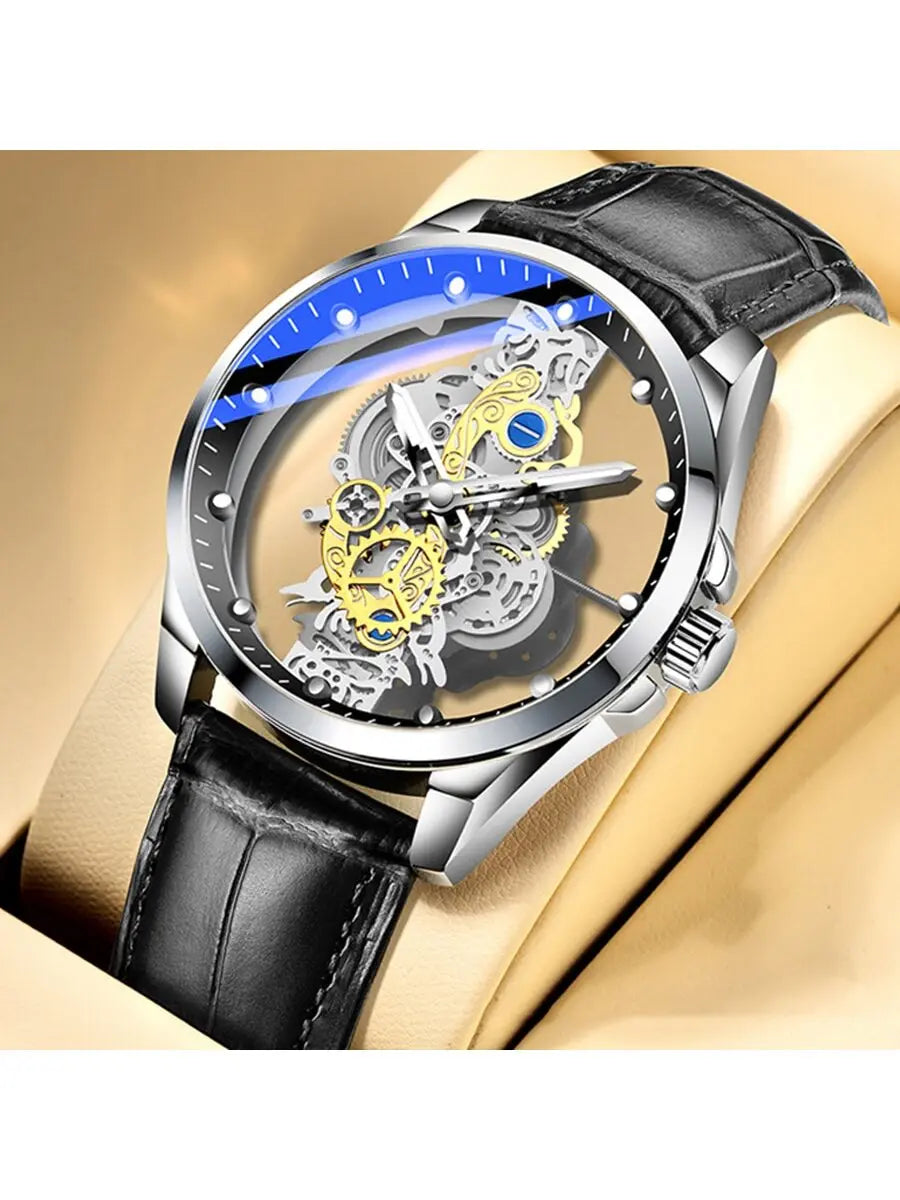 New Brand Fashion Men's Quartz Watch Skeleton Business Man wristwatch Leather strap luminous Quartz Watch for men mbzr