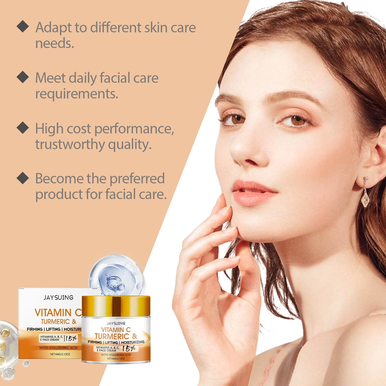 Jaysuing 60g Vitamin C Turmeric Facial Cream Hydrating Nourishing Softening Skin Care Cream For Daily Use Lightweight Formula For All Skin Types mbzr