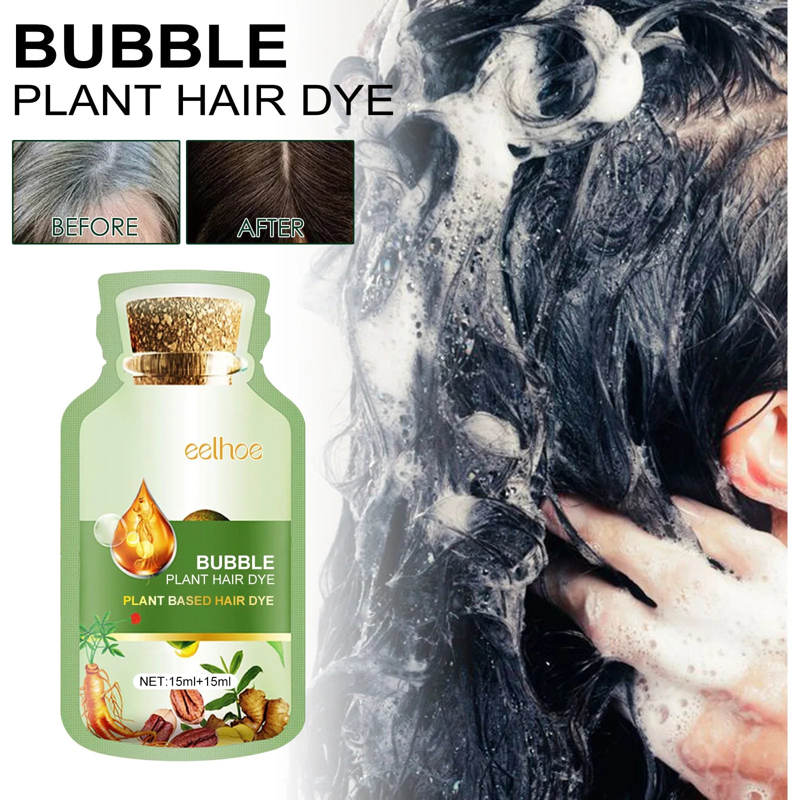 Herbal Bubble Hair Dye Shampoo with Batana Oil – Natural Color & Grey Coverage (10 pcs) mbzr