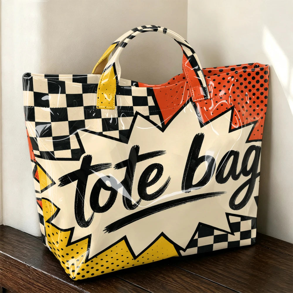 1pc pop cartoon Tote Bag printed tote bag large transparent PVC handbag black and white checkerboard+red dot background+cartoon explosion box+black brush mark letter design waterproof beach bag retro fun wild one-shoulder sho