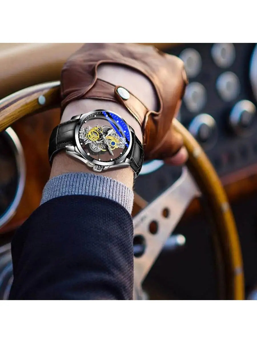 New Brand Fashion Men's Quartz Watch Skeleton Business Man wristwatch Leather strap luminous Quartz Watch for men mbzr