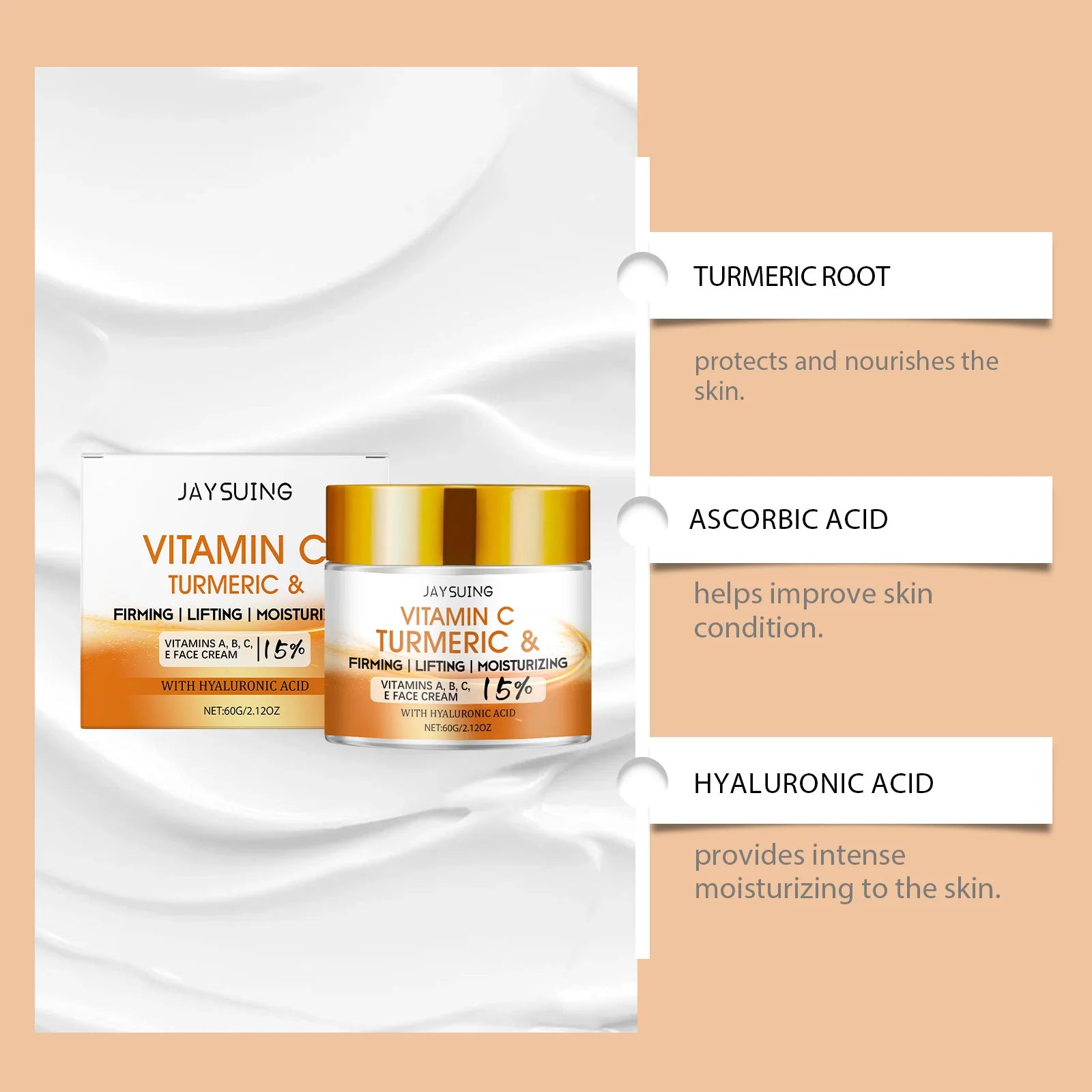 Jaysuing 60g Vitamin C Turmeric Facial Cream Hydrating Nourishing Softening Skin Care Cream For Daily Use Lightweight Formula For All Skin Types mbzr