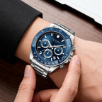 SAPPHERO Men Chronograph Watch Luxury Quartz Stainless Steel Blue Dial 50M Waterproof Mineral Glass Sport Business Wristwatch mbzr