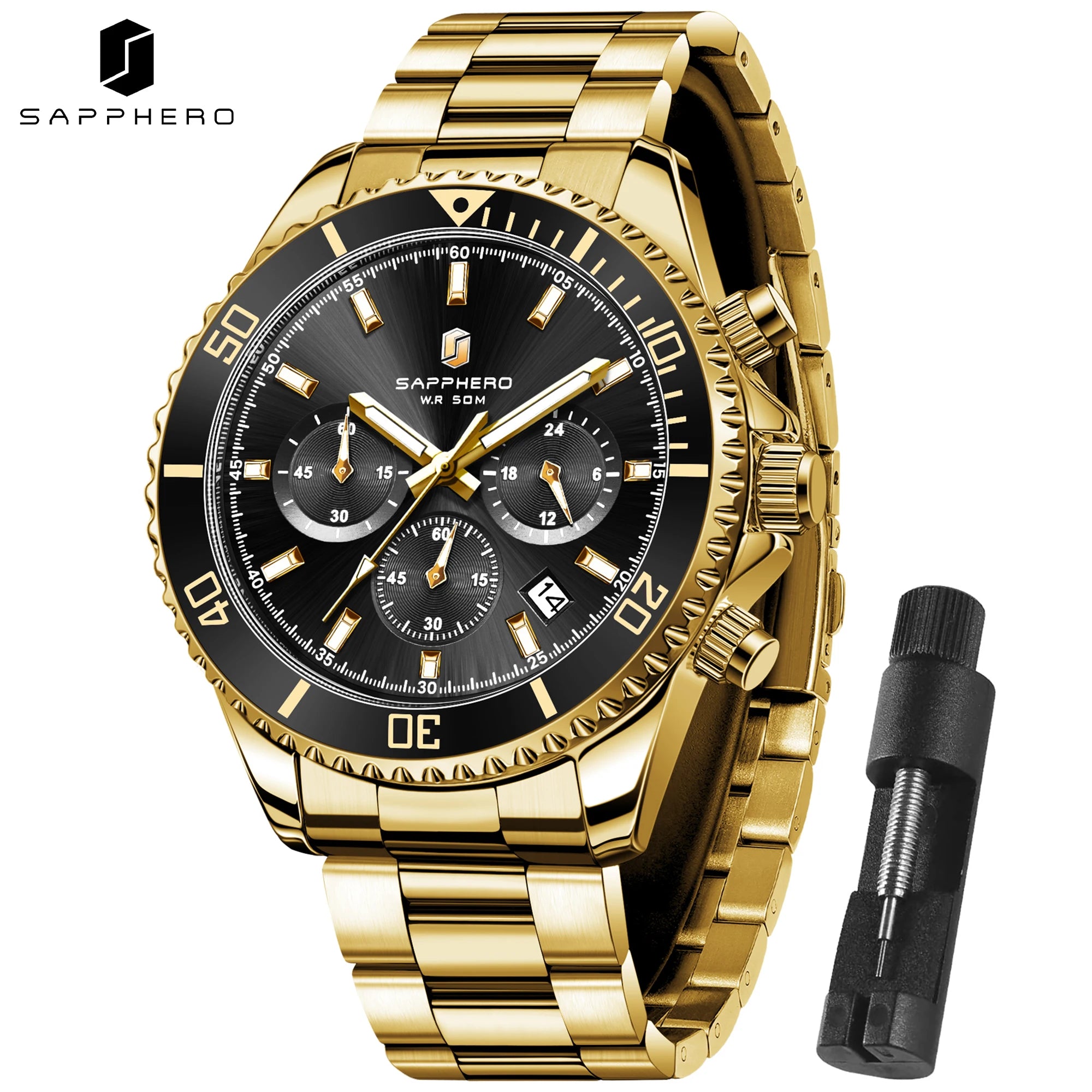 SAPPHERO Men’s Quartz Watch Luxury Chronograph Sport Wristwatch Stainless Steel Waterproof 50M Date Luminous Business Watch mbzr