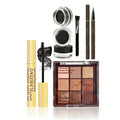 6-Pcs Eye Makeup Set:3D Eyebrow Styling Wild+Liquid Eyeliner+Slim Volume Mascara+9-Color Eyeshadow Palette Easy to Apply Unisex mbzr