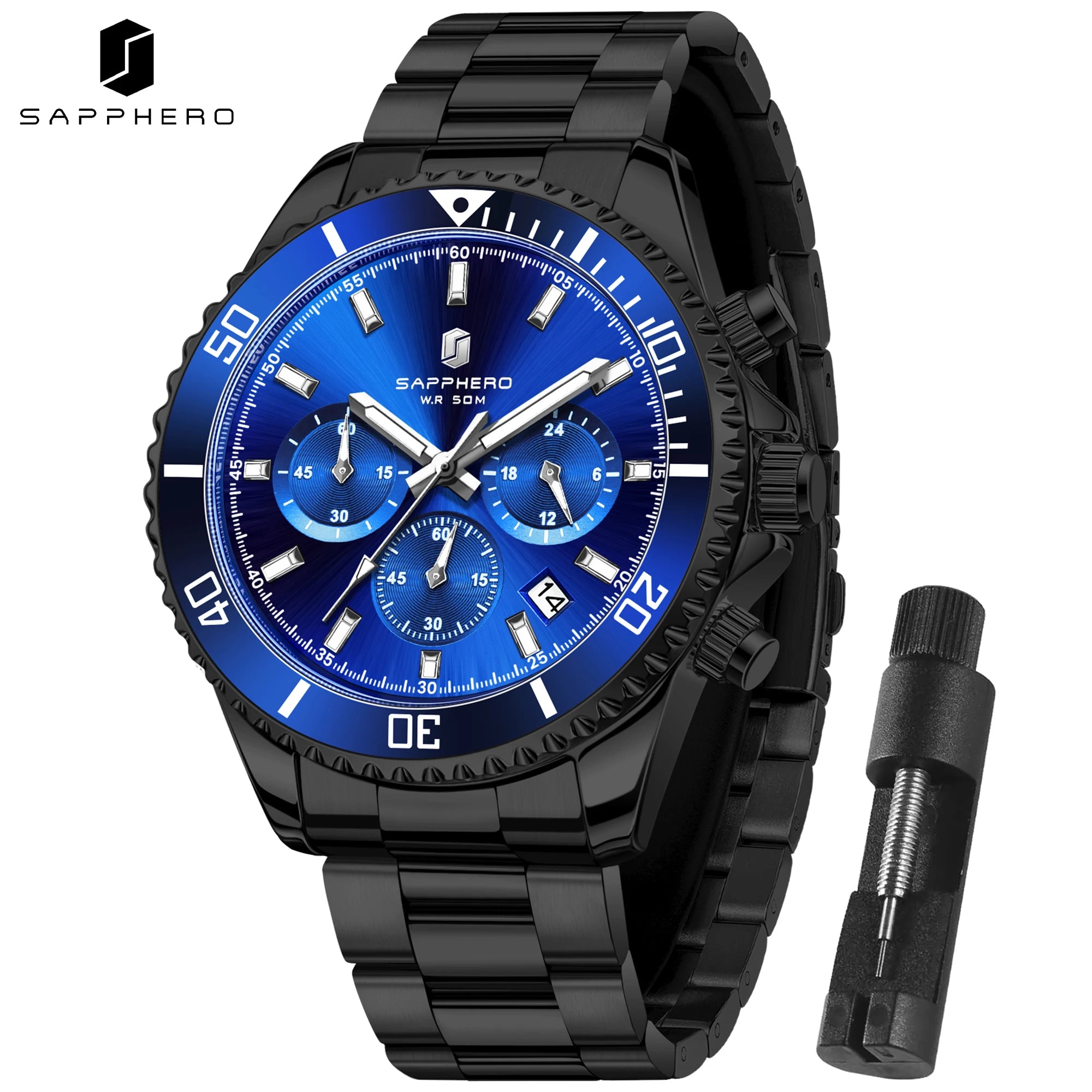 SAPPHERO Men’s Quartz Watch Luxury Chronograph Sport Wristwatch Stainless Steel Waterproof 50M Date Luminous Business Watch mbzr