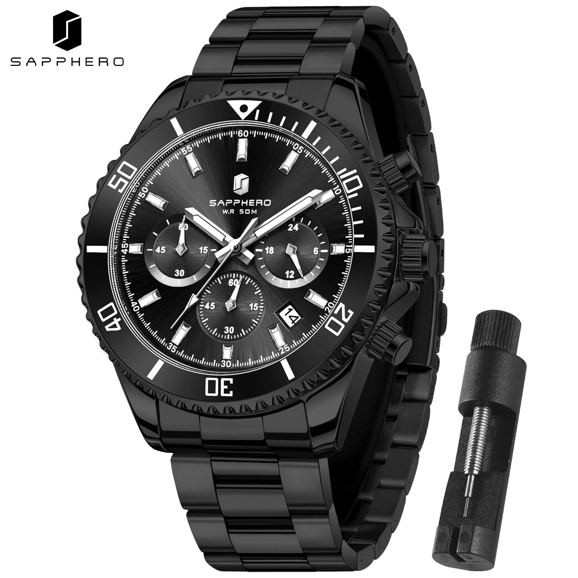 SAPPHERO Men’s Quartz Watch Luxury Chronograph Sport Wristwatch Stainless Steel Waterproof 50M Date Luminous Business Watch mbzr
