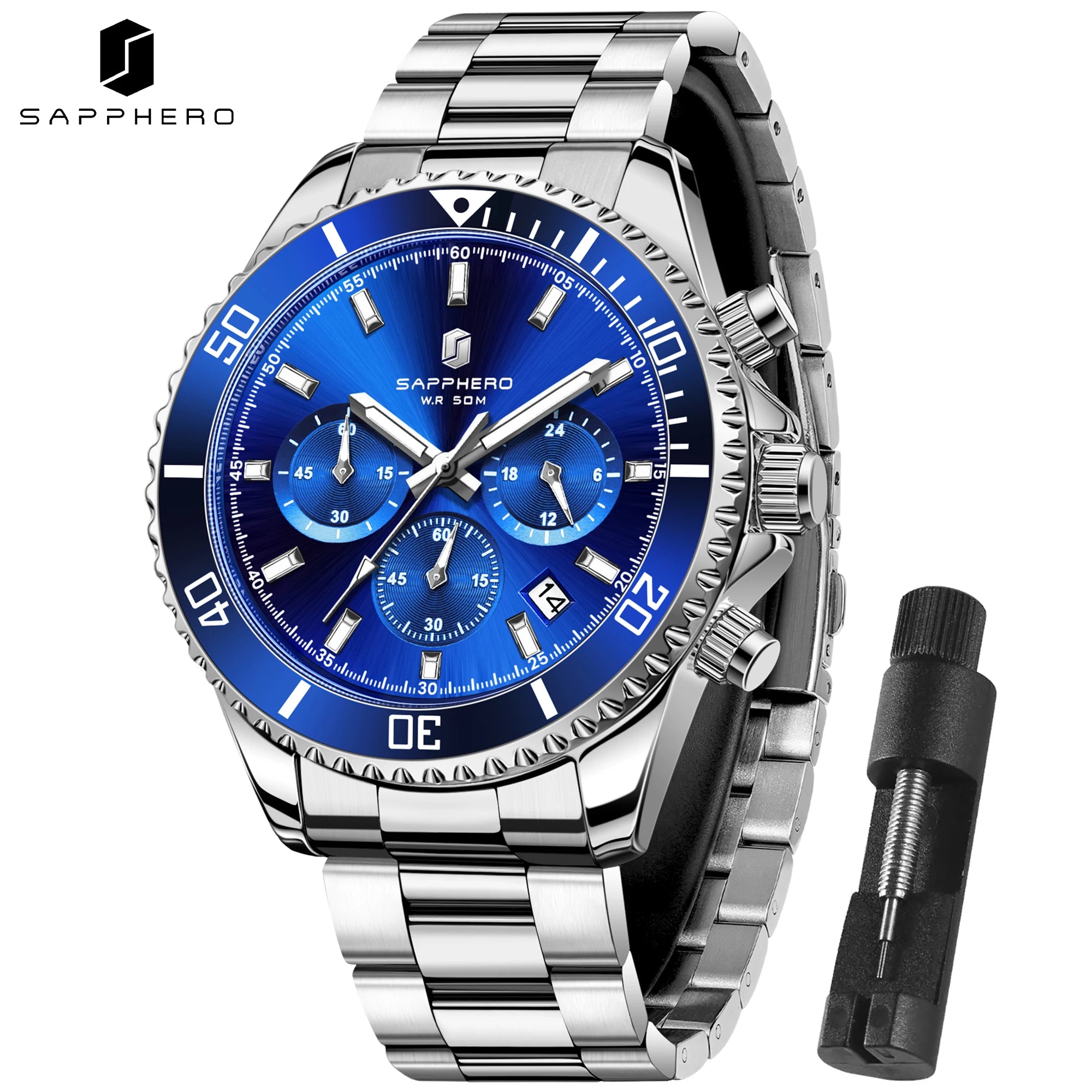 SAPPHERO Men’s Quartz Watch Luxury Chronograph Sport Wristwatch Stainless Steel Waterproof 50M Date Luminous Business Watch mbzr