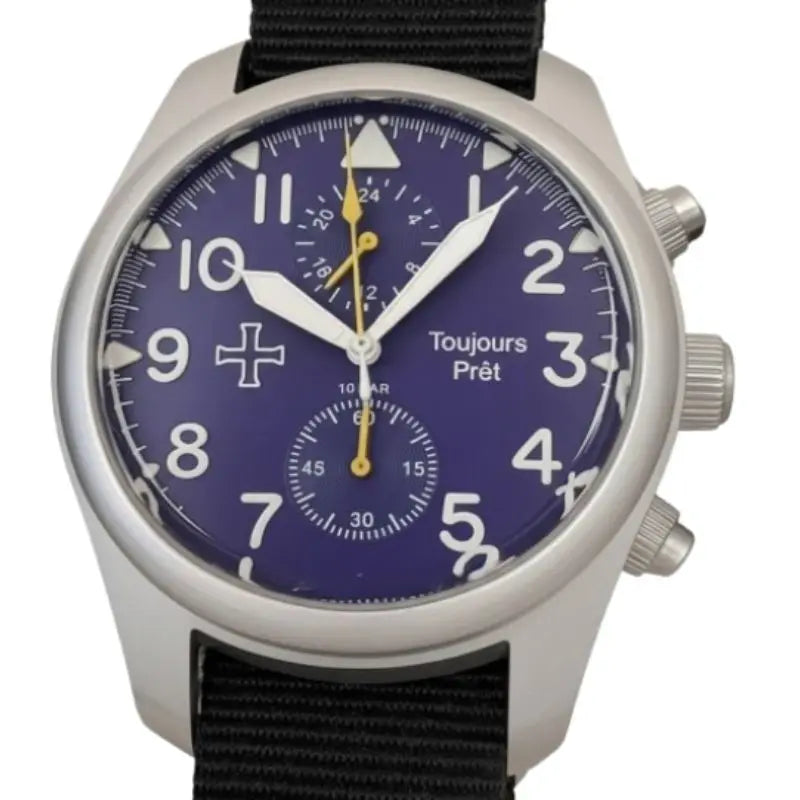 Toujours Pret Dual Time GMT Quartz Military Field Watch - Blasted Stainless Steel - Domed Crystal