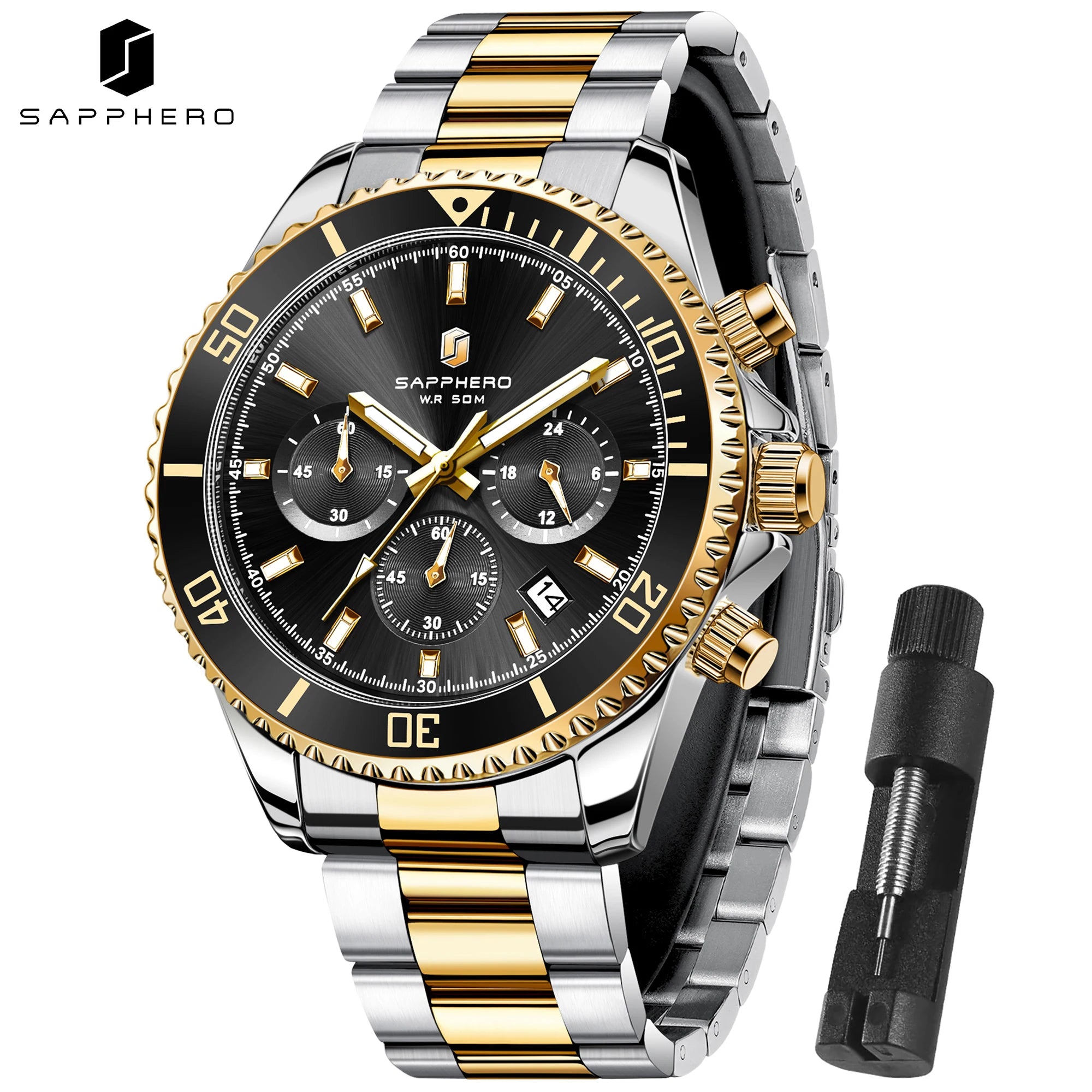 SAPPHERO Men’s Quartz Watch Luxury Chronograph Sport Wristwatch Stainless Steel Waterproof 50M Date Luminous Business Watch mbzr