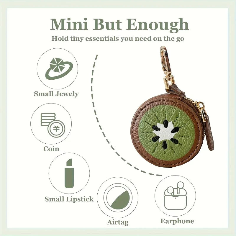 1pc Cartoon Kiwi Fruit Round Coin Purse Faux Leather Mini Zipper Wallet Portable Keychain Hanging Bag Decor Daily Matching Storage Accessory Holiday Gift mbzr