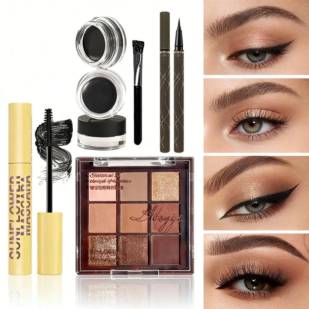 6-Pcs Eye Makeup Set:3D Eyebrow Styling Wild+Liquid Eyeliner+Slim Volume Mascara+9-Color Eyeshadow Palette Easy to Apply Unisex mbzr