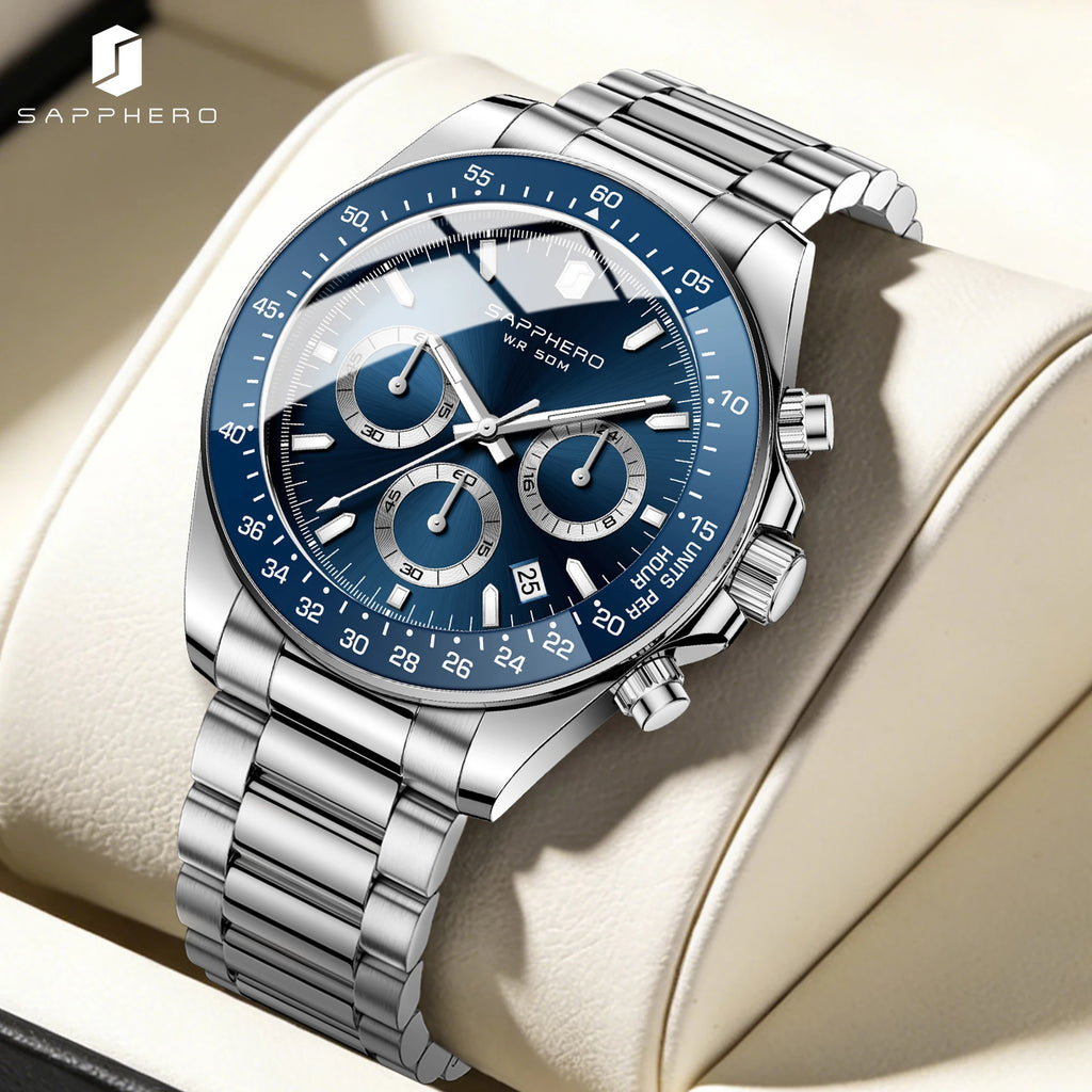 SAPPHERO Men Chronograph Watch Luxury Quartz Stainless Steel Blue Dial 50M Waterproof Mineral Glass Sport Business Wristwatch mbzr