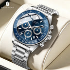 SAPPHERO Men Chronograph Watch Luxury Quartz Stainless Steel Blue Dial 50M Waterproof Mineral Glass Sport Business Wristwatch mbzr