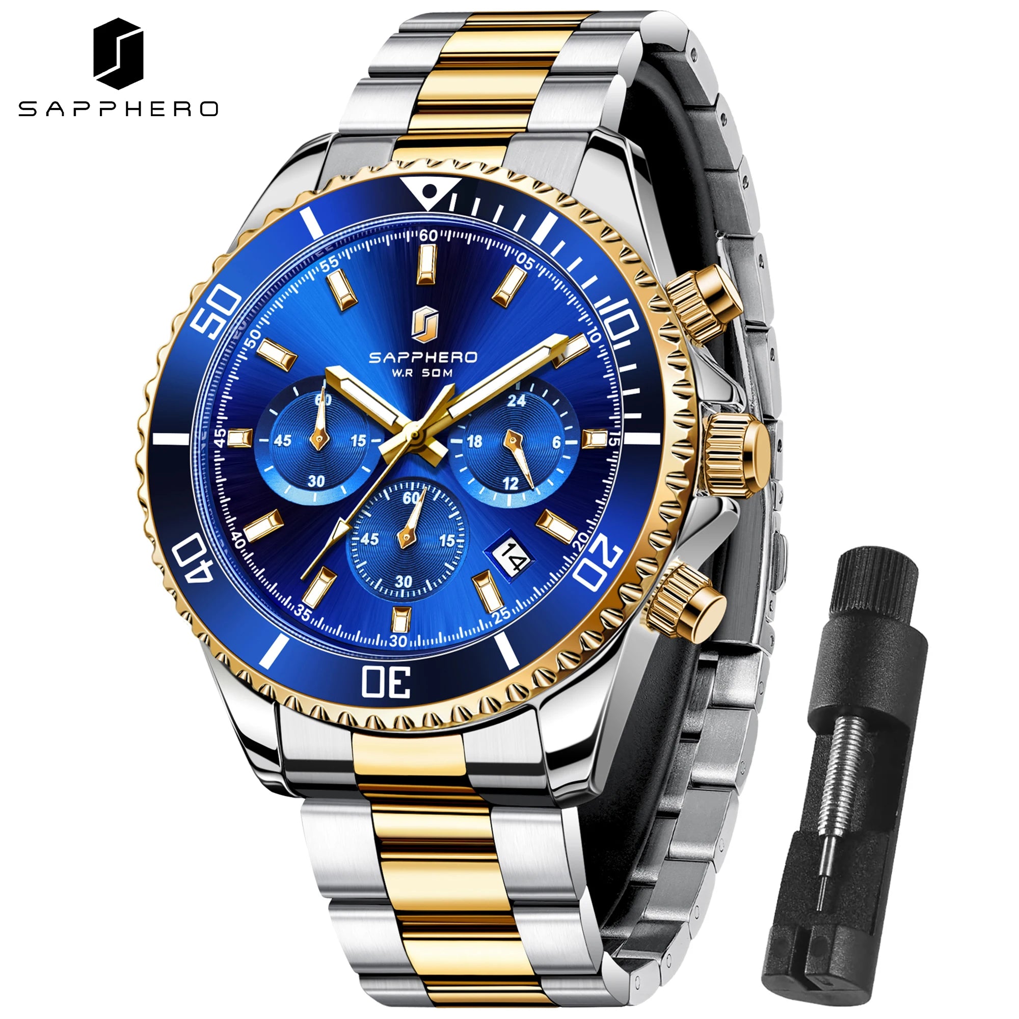 SAPPHERO Men’s Quartz Watch Luxury Chronograph Sport Wristwatch Stainless Steel Waterproof 50M Date Luminous Business Watch mbzr