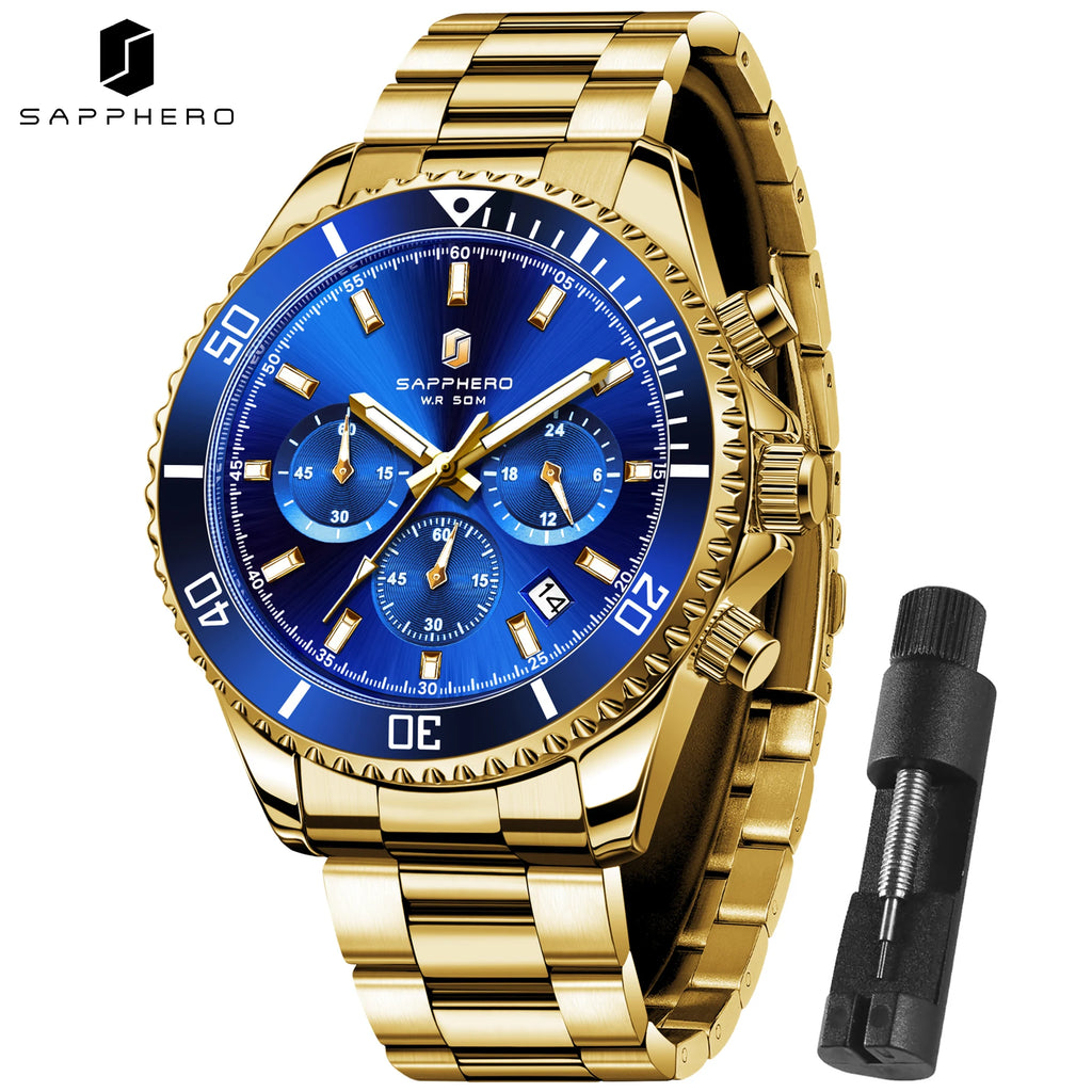 SAPPHERO Men’s Quartz Watch Luxury Chronograph Sport Wristwatch Stainless Steel Waterproof 50M Date Luminous Business Watch mbzr
