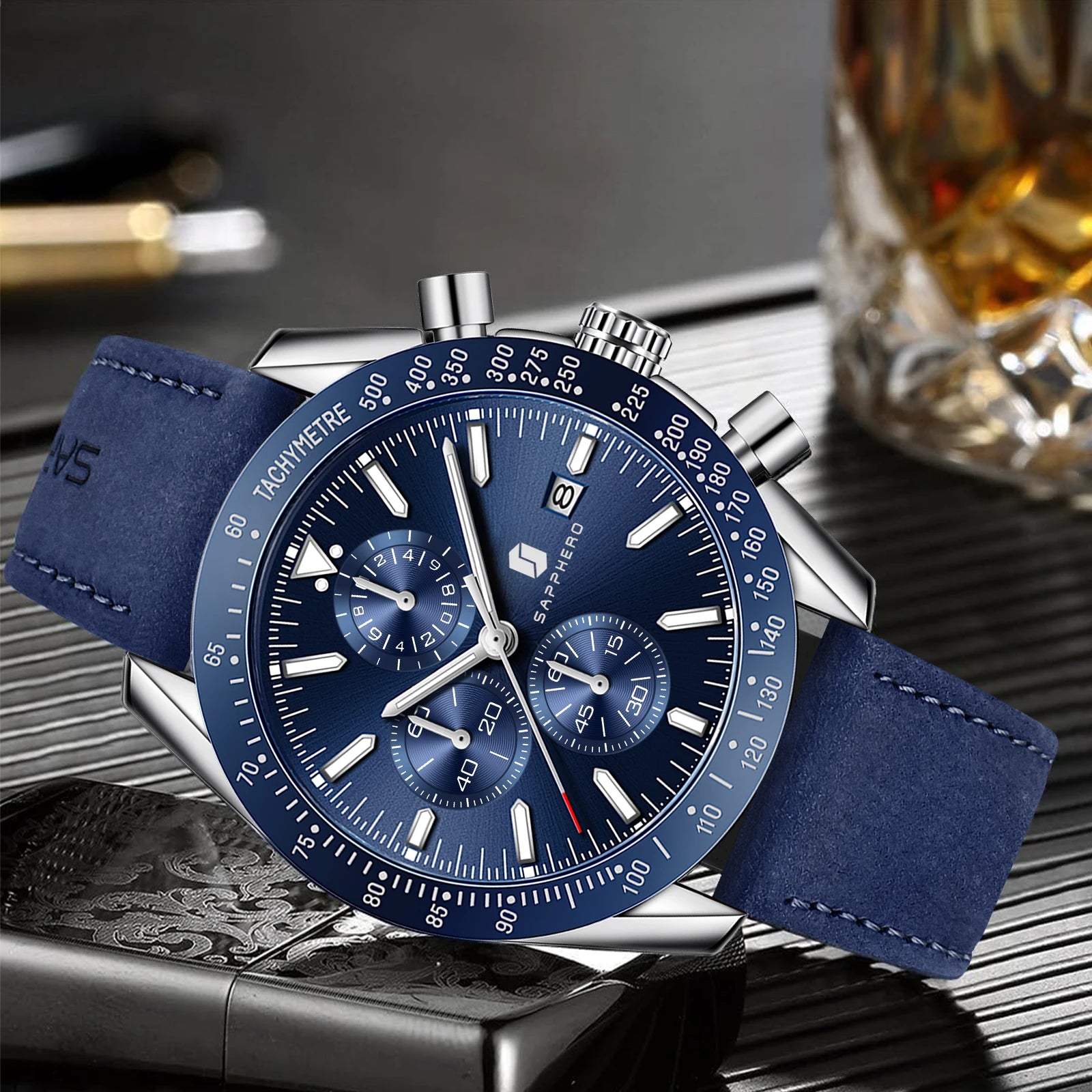 SAPPHERO Men's Chronograph Watch High Precision Quartz Movement Stainless Steel Wristwatch Dial Date Display 50M Waterproof Luxury Sport Watch Luminous Hands Classic Analog Business Casual Timepiece Elegant Design Gift for Me mbzr