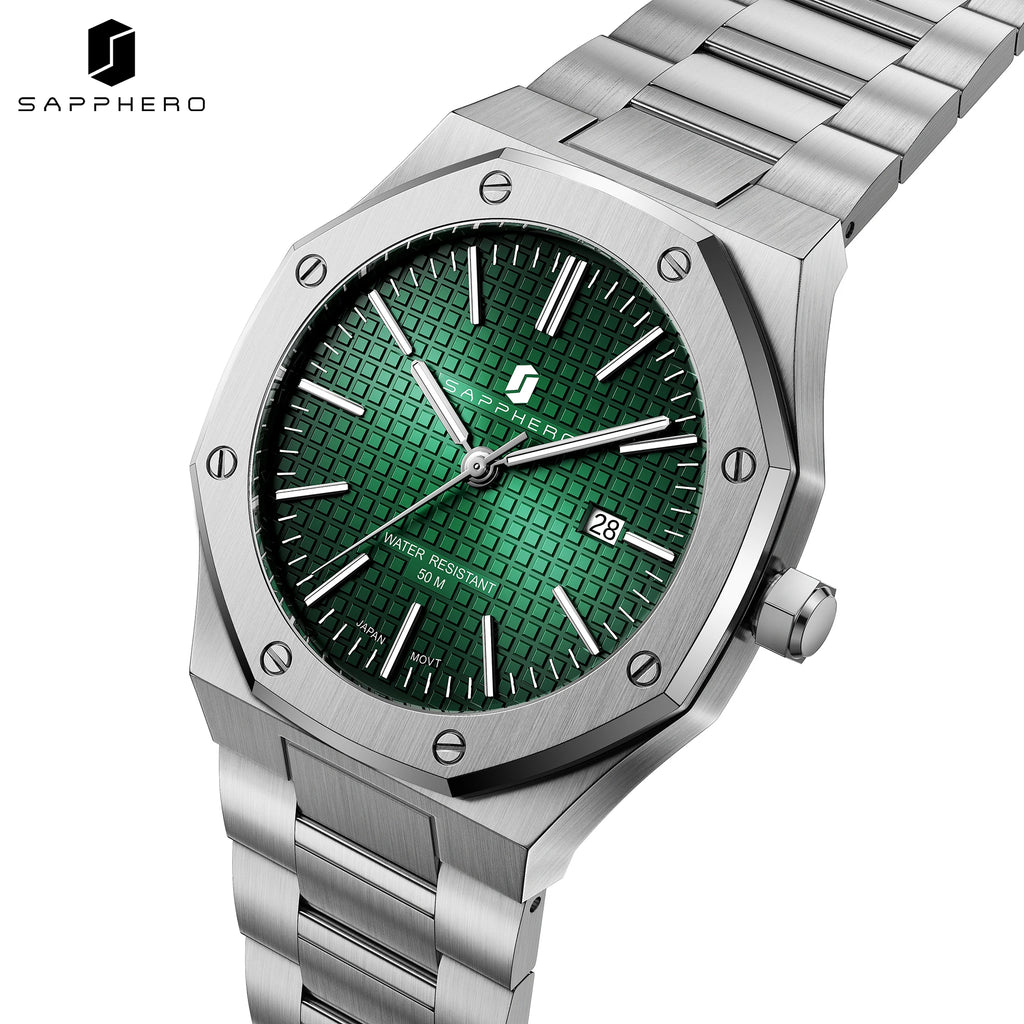 SAPPHERO Men Analog Watch Stainless Steel Quartz Movement Date Display 50M Waterproof Classic Business Casual Wristwatch Gift