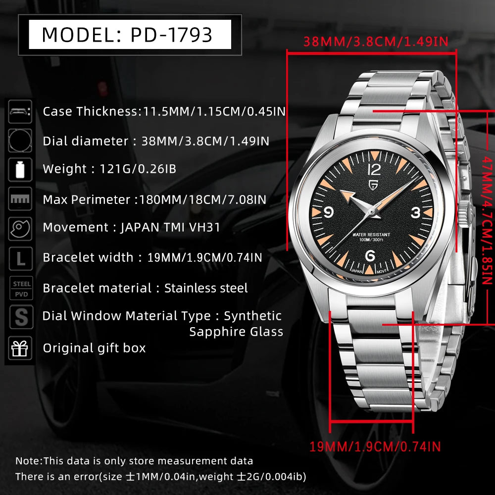 PAGANI DESIGN 38MM Retro Luxury Quartz Watches For Men VH31 Movement Sapphire Stainless Steel 100m Waterproof Reloj Hombre
