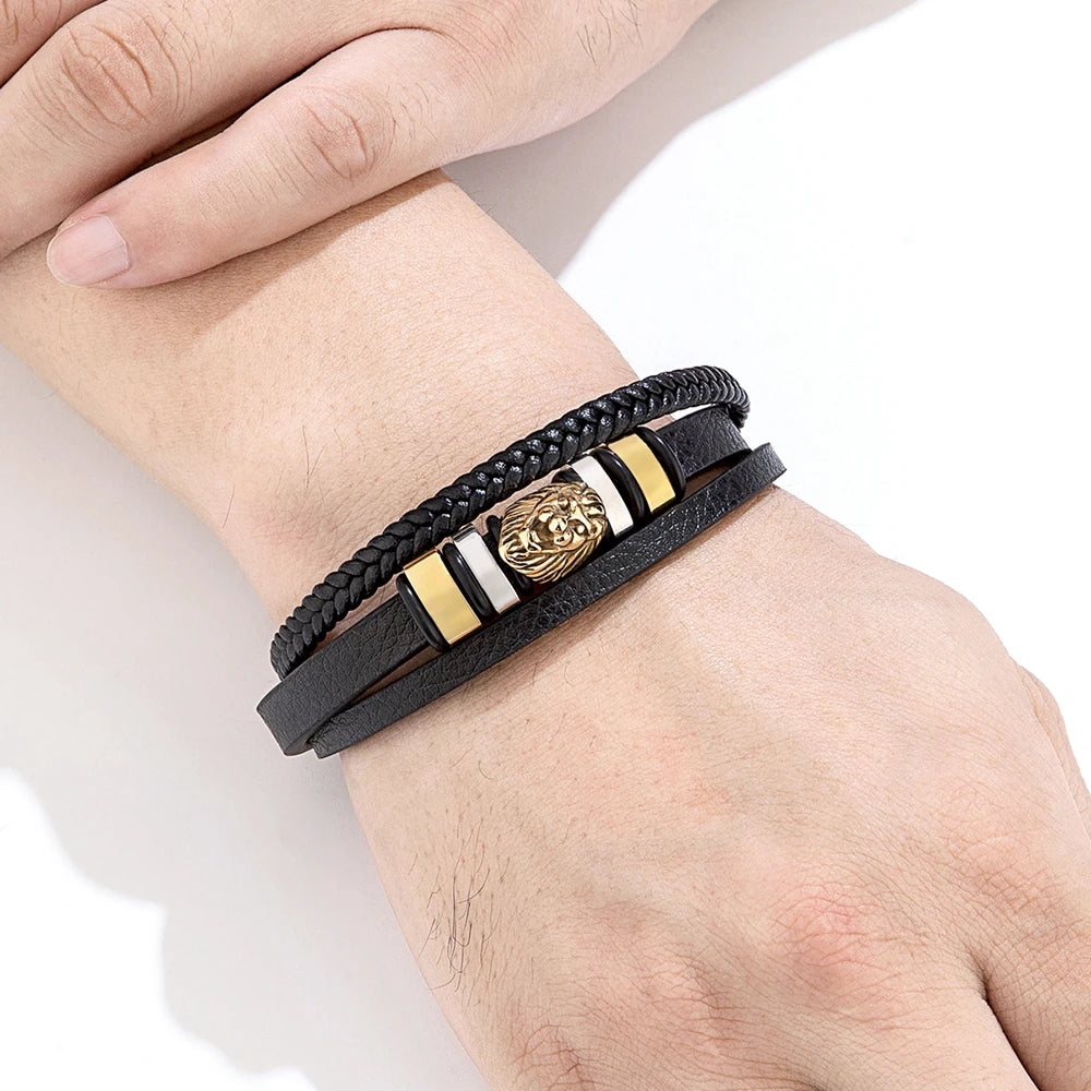 TYO Animal Magnetism Lion Woven Multi-Layer Genuine Leather 3 Colors Stainless Steel Magnet Buckle Bracelet