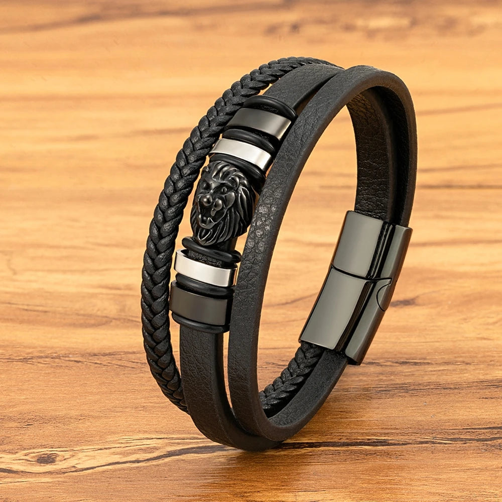 TYO Animal Magnetism Lion Woven Multi-Layer Genuine Leather 3 Colors Stainless Steel Magnet Buckle Bracelet