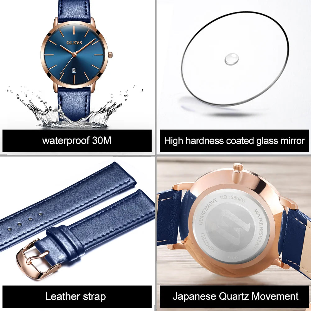 OLEVS Women Watch Red  Casual Leather Ladies Watches Luxury Quartz Female Wristwatches Brand Clock Ultra Thin Surface 6.5MM5869 mbzr