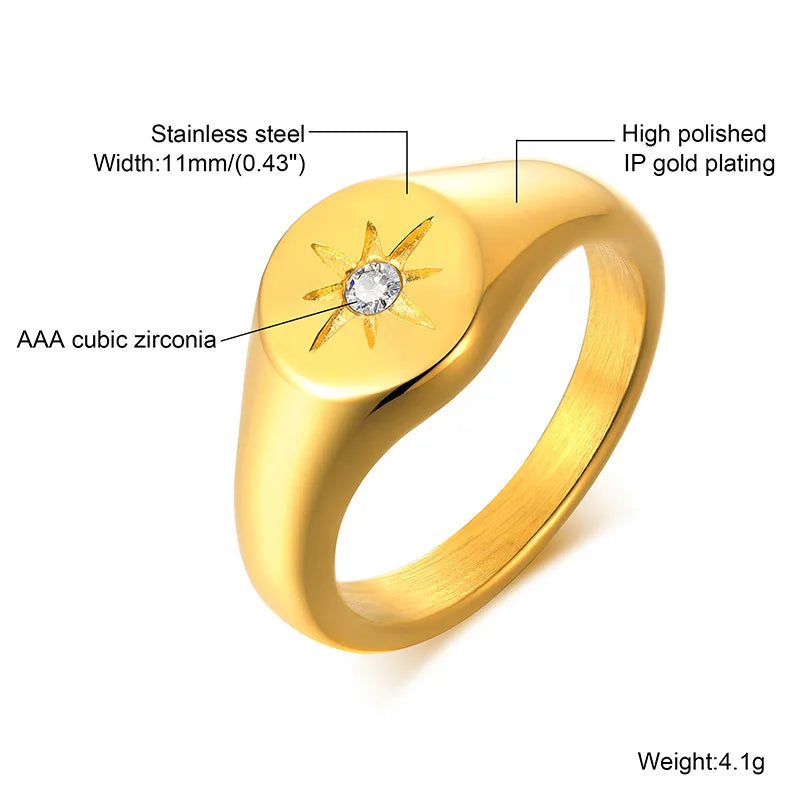Vnox Star Stamp Ring for Women, Gold Color Stainless Steel Signet Round Top Ring with AAA CZ Stone, Chic Minimalist Heavy Ring